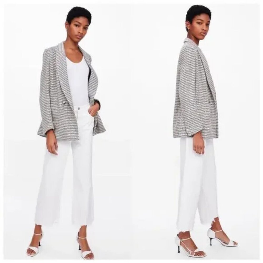 Zara Textured Double Breasted Peaked Lapel Tweed Blazer Jacket.  SZ XS - Picture 2 of 4